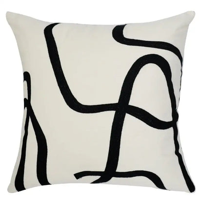 Cream-colored square pillow with bold black abstract line art on gray faux rex rabbit fur cushion cover decorbites gray faux