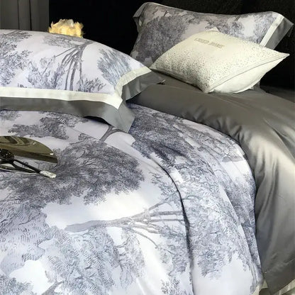 Gray and white satin bedding set with forest toile jungle print flowers and elegant gray piping for decorbites jungle print decor