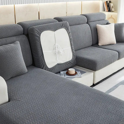 Gray herringbone-patterned decorbites jacquard velvet sofa cover with white insert and elasticized edges for living room
