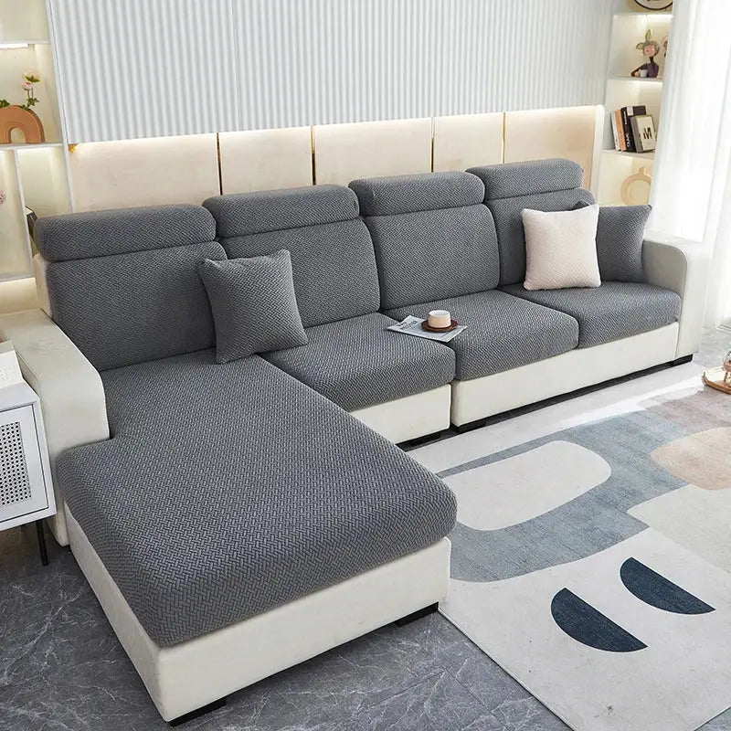 Gray textured fabric sofa cover with matching throw pillows decorbites jacquard velvet sofa cover for living room