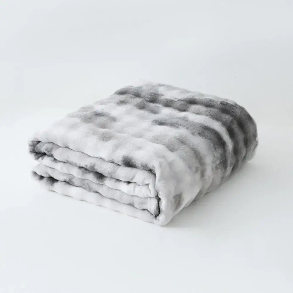 Gray and white tie-dye fuzzy faux fur blanket with soft plush texture perfect as a cozy decorbites fuzzy faux bedroom throw