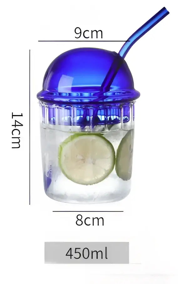 Green 450ml striped glass cup with lid and straw featuring a blue transparent plastic drink cup with lime slices inside