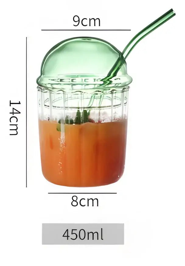 Green 450ml striped glass cup with lid and straw by decorbites designed as a clear glass cup resembling an ice cream sundae