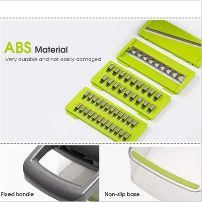 Bright lime green abs plastic vegetable slicer cutter with interchangeable metal blade attachments and black basket