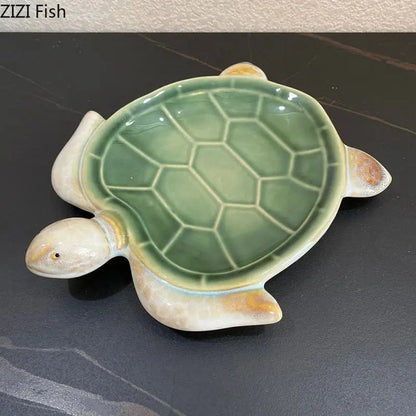Green and cream ceramic cute turtle statue tray with glossy finish for living room decor and display use