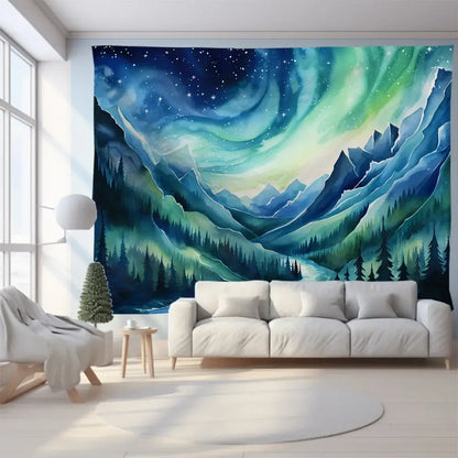 A vibrant green mountain tapestry forest aurora with blue and purple hues featuring pine trees and mountains for wall art
