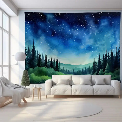 Starry night forest tapestry with deep blues, twinkling stars, and silhouetted evergreens in green mountain tapestry forest aurora design
