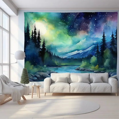 Vibrant green mountain tapestry forest aurora featuring starry night sky over pine trees and mountains for bedroom wall art