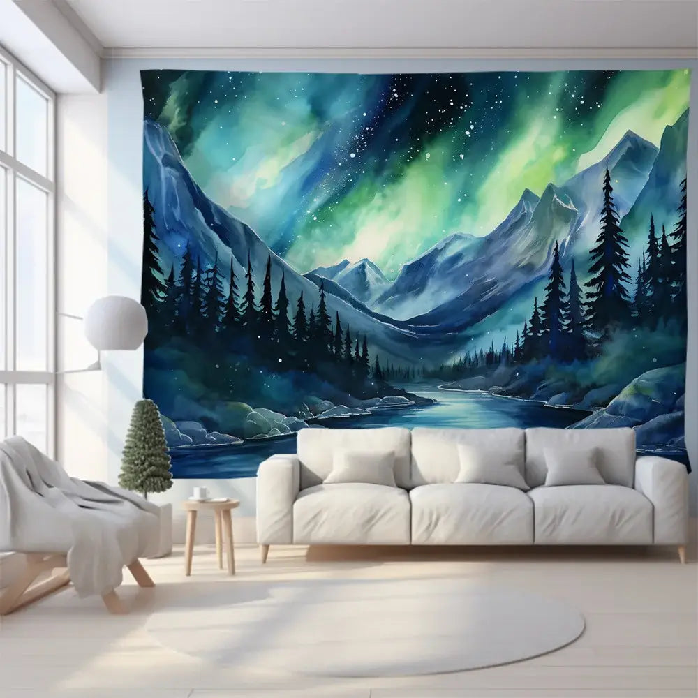 Green and purple mountain tapestry forest aurora featuring snow-capped mountains and evergreen trees for bedroom wall art
