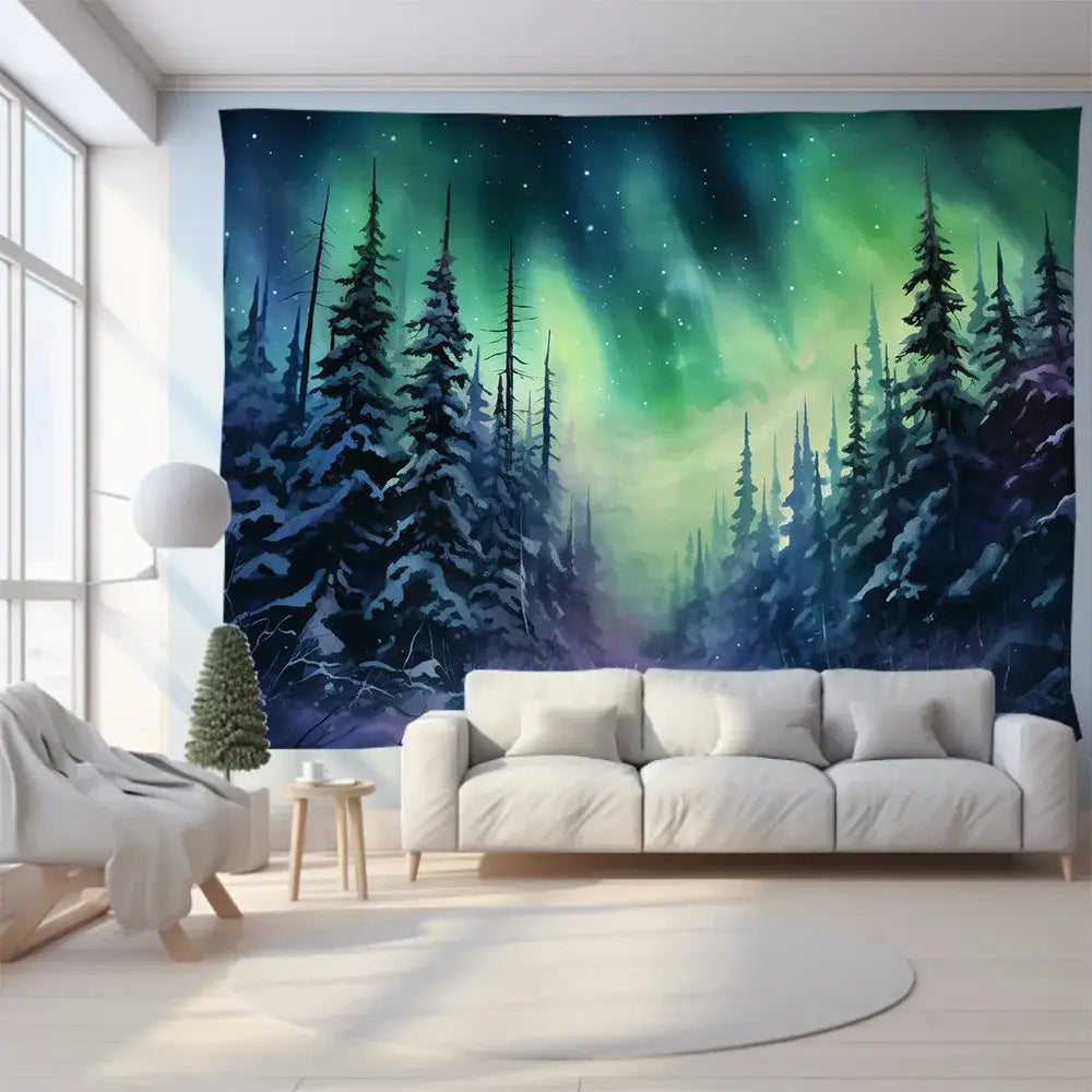 Large rectangular green mountain tapestry featuring purple aurora borealis over snow-covered forest for bedroom wall art
