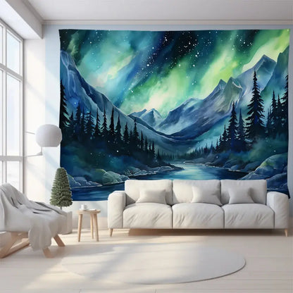 Green mountain tapestry featuring a forest aurora with snow-capped mountains and river for bedroom wall art