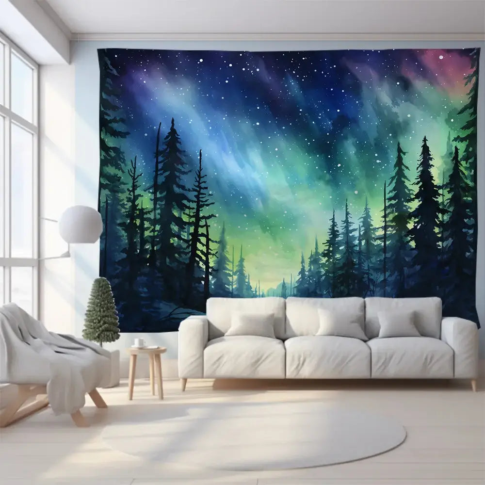Green and purple mountain tapestry featuring forest aurora with silhouetted pine trees for bedroom wall art