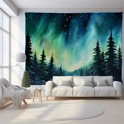 Green mountain tapestry forest aurora featuring vibrant green and teal northern lights with pine trees for bedroom wall art