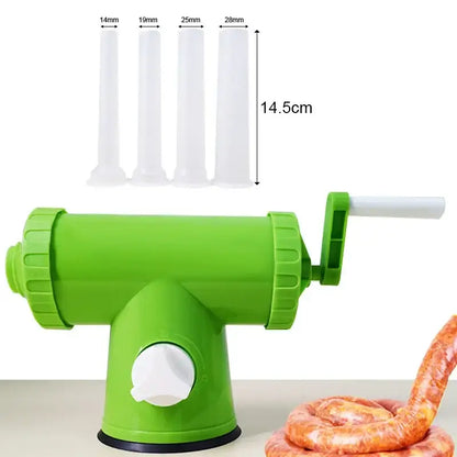 Bright green and white 2lbs plastic sausage maker with funnel tubes and white handle kitchen tool