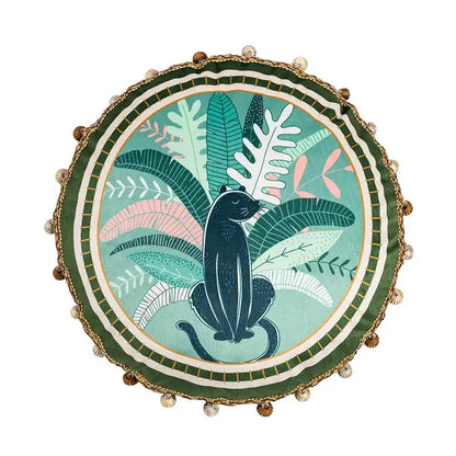 Round plush cushion cover with black panther and tropical foliage featuring decorbites geometric tufted embroidery design