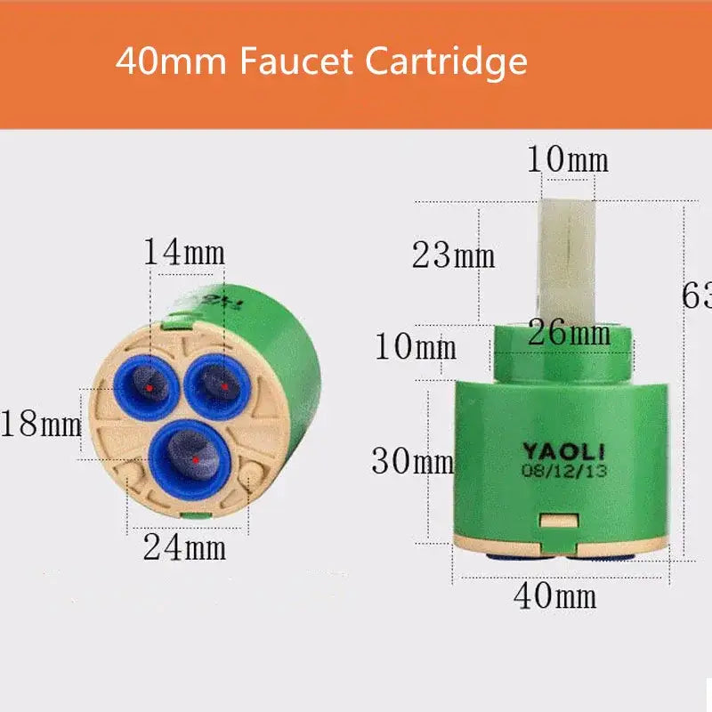 Green yao li 40mm ceramic cartridge with blue internal components and beige plastic housing for kitchen faucets with 3-year warranty