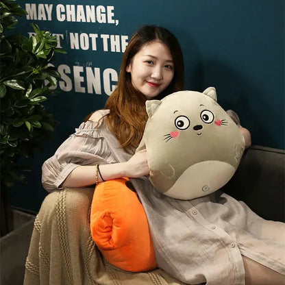 Soft beige plush cat pillow with orange tail and embroidered face for decorbites cartoon animal pillow blanket bedroom decor