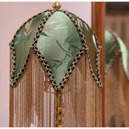 Elegant green bamboo leaf jacquard satin lampshade with silk material, brass fringe, and black gold beaded trim for bedroom