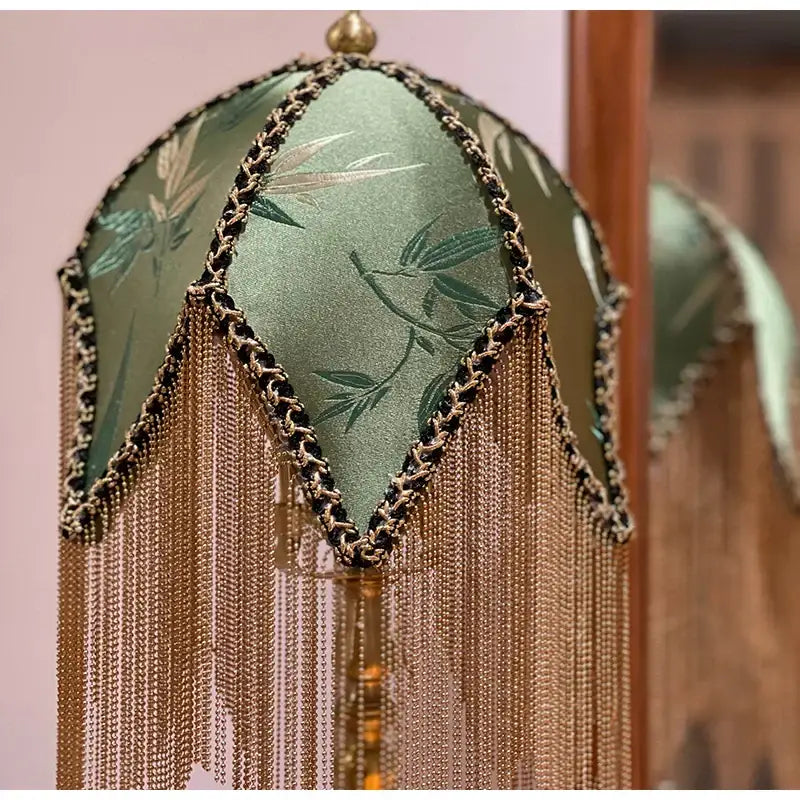 Elegant green bamboo leaf jacquard satin lampshade with silk material, brass fringe, and black gold beaded trim for bedroom