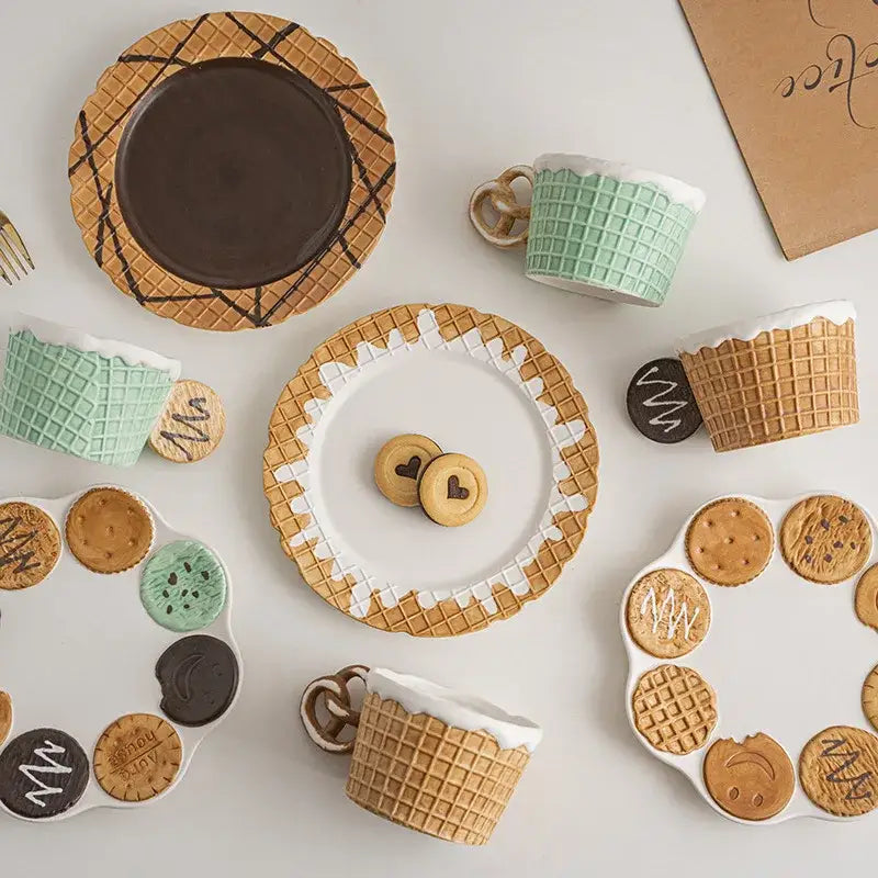 Green and beige creative biscuit ceramic waffle-patterned dessertware set with mint green and brown accents for dining