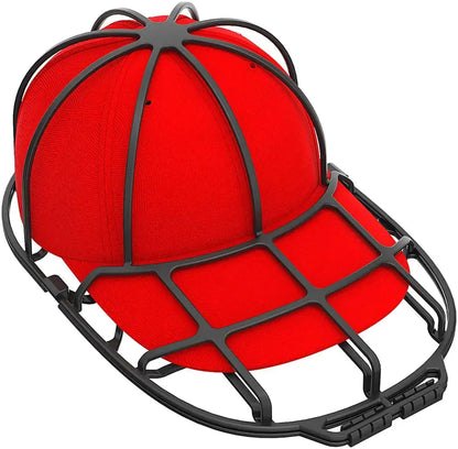 Black metal cap washer dryer frame with green and black mesh holds a red decorbites baseball cap inside