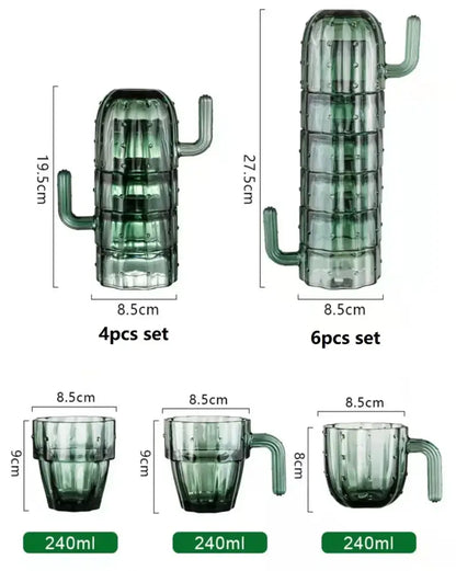 Set of translucent green decorbites cactus glass mugs with handles and textured ridges in 4-piece and 6-piece sets