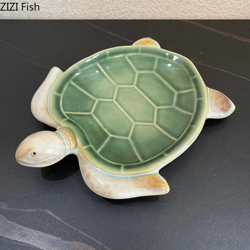 Green and cream ceramic turtle statue desk trinket dish with glossy finish for bedroom decoration