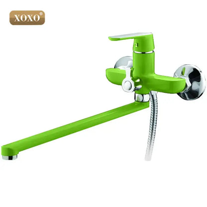 Bright green xoxo brand wall-mounted bath shower faucet with chrome accents and flexible handheld hose