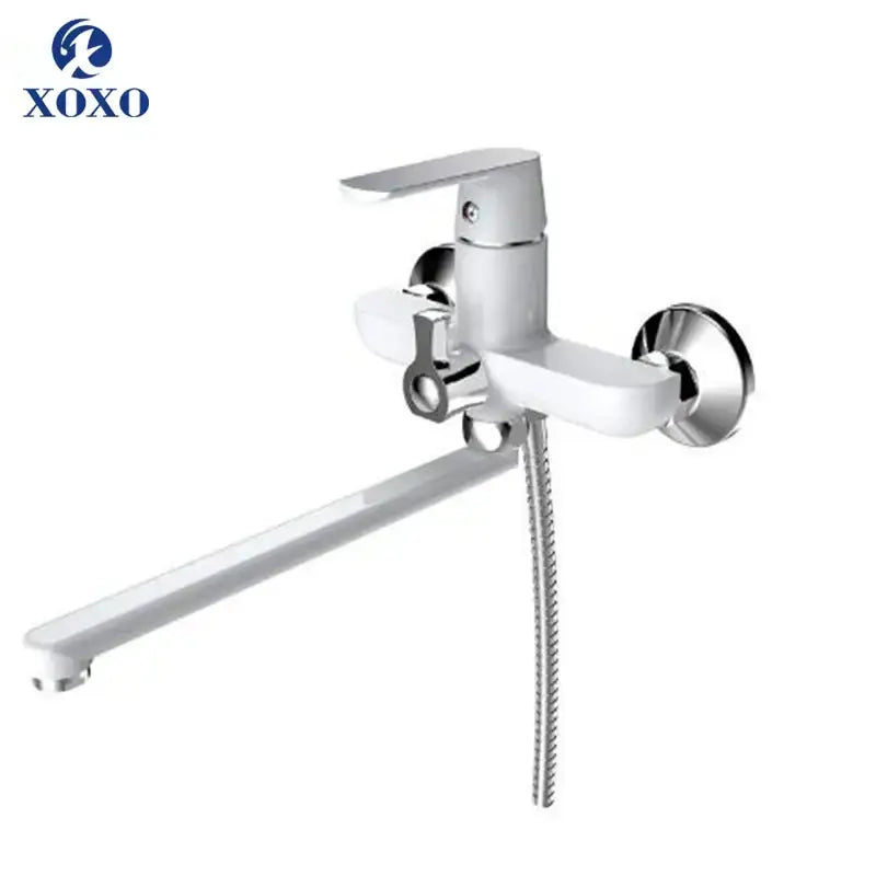 White and chrome bath shower faucet set with long spout and detachable handheld shower hose for bathroom use