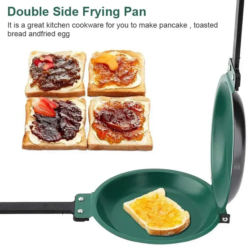 Green double sided pancake frying pan with black handle designed for making pancakes and toasted bread efficiently