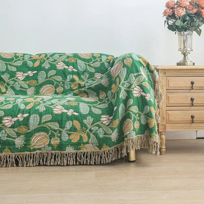 Green floral cotton tassel sofa blanket with beige embroidery and fringed edge for living room decorbites cotton tassel