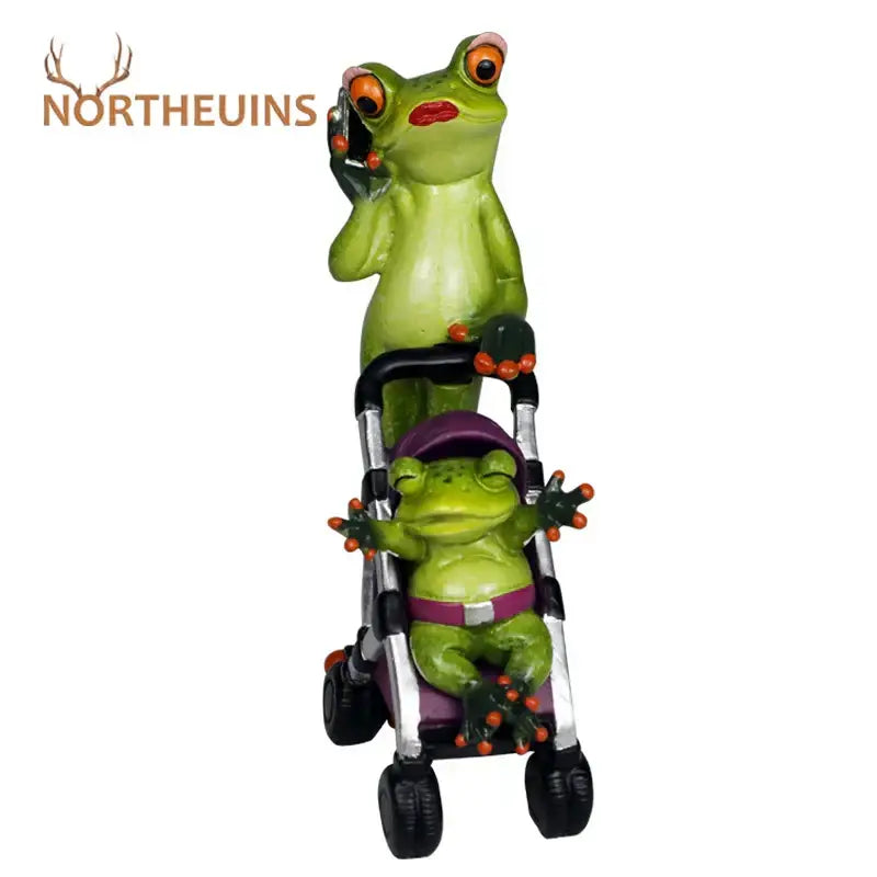 Green resin decorbites frog family statue set with parent frog holding phone and stroller for living room decorbites frog family