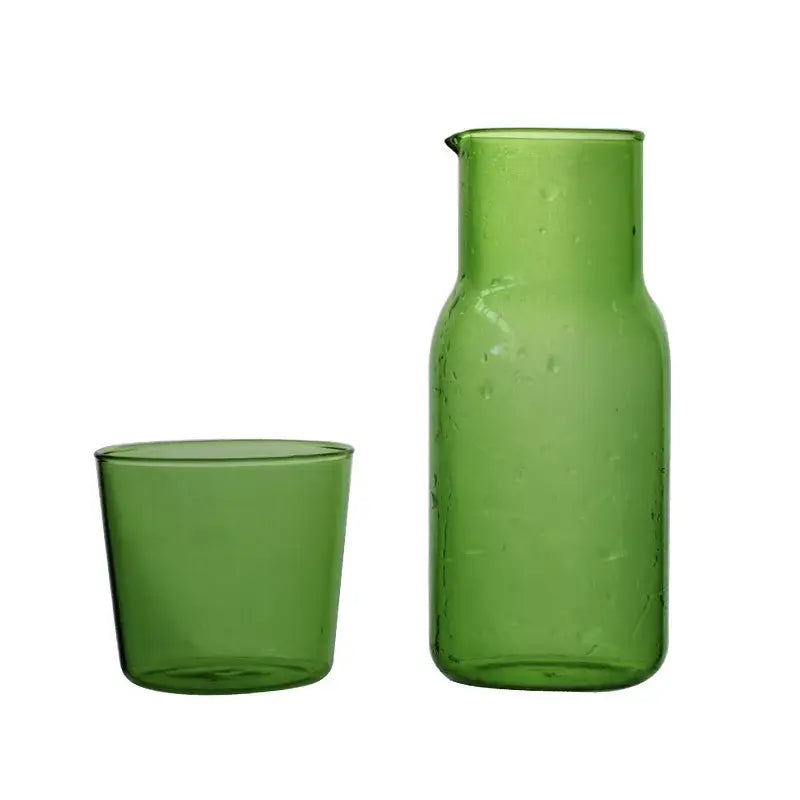 Green glass 550ml bedside water carafe and tumbler set with spout for bedroom use in matching glass material