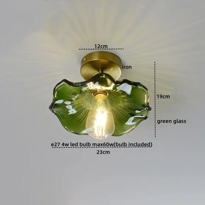Green glass leaf copper nordic ceiling lamp with brass iron base and led bulb for living room lighting