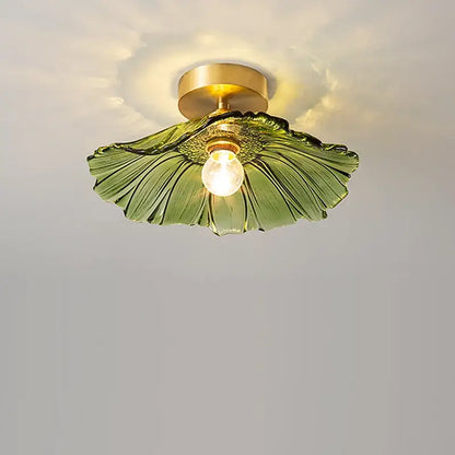Green glass leaf ceiling lamp with copper nordic brass fixture for living room lighting and decor