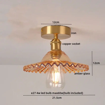 Vintage-style ceiling lamp with brass iron base copper nordic socket and amber scalloped glass shade for living room
