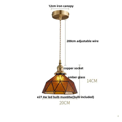 Green glass pendant light with decorbites copper canopy led and amber stained glass shade for dining room decor