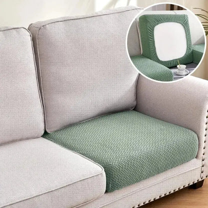 Green jacquard sectional sofa couch cover with herringbone-patterned cushion case for living room use