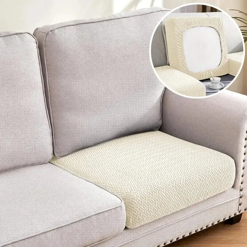 Beige textured fabric cushion cover with herringbone pattern for green jacquard sectional sofa couch cover in living room