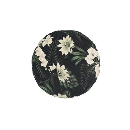 Black circular premium cushion cover with green jungle floral pattern featuring white orchids for living room decor