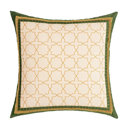 Square cream fabric cushion cover with embroidered gold geometric pattern and green leaves moss velvet border for decor