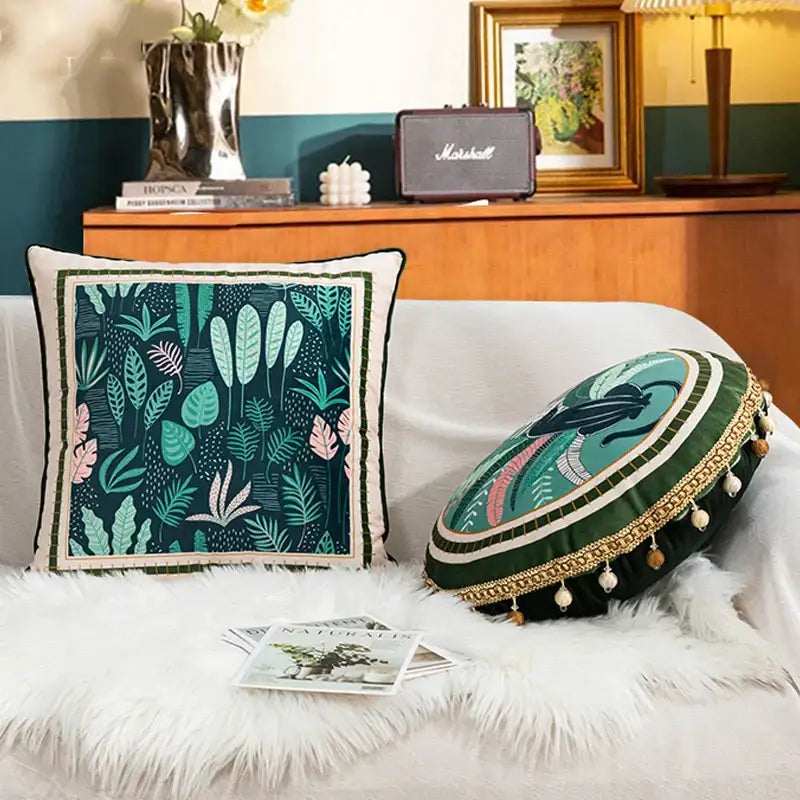 Green leaves moss velvet cushion cover with leaves moss printed botanical pattern and cream border for living room decor