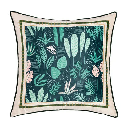 Square velvet cushion cover with green leaves moss printed vibrant tropical pattern in teal, pink on dark background