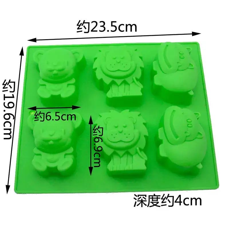Green silicone cake mold with six animal cavities including bears lions and pigs from decorbites lion hippo cake tray