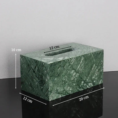 Green marble tissue box with rectangular shape and natural stone texture in green marble bathroom set with gold accents