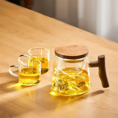 Clear glass teapot with wooden lid and handle and two matching glass tea cups from decorbites cup set green mountain