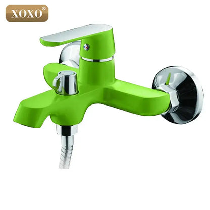 Green and orange chrome shower faucet set with bright green xoxo wall-mounted shower faucet and flexible handheld hose