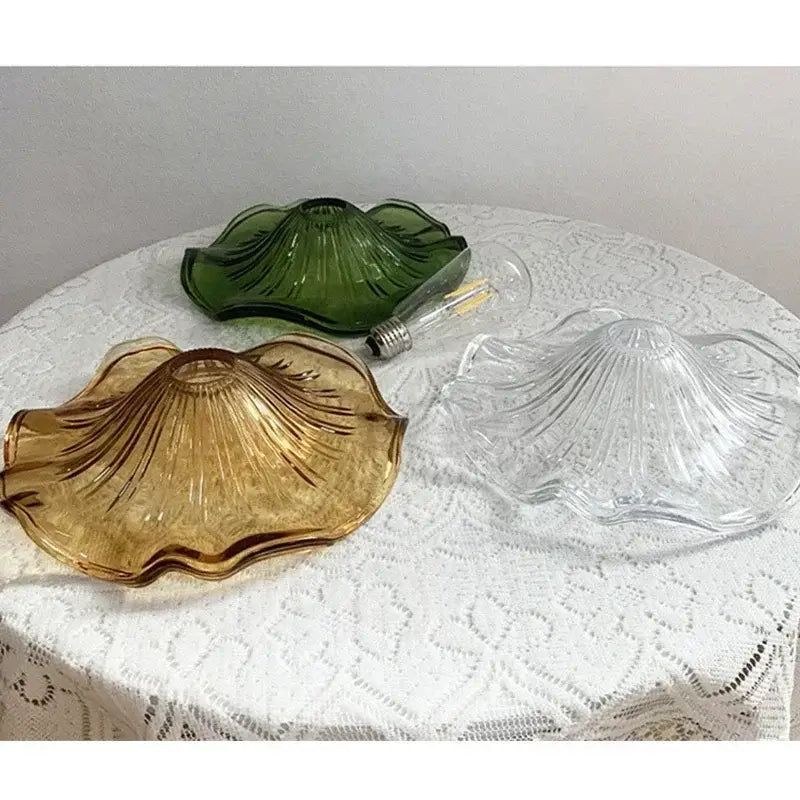 Three glass lamp shades in green amber and clear with scalloped edges for polished copper glass pendant light