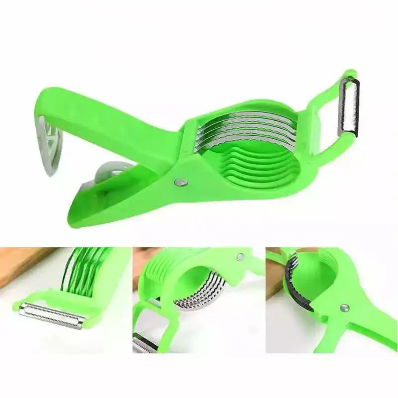 Green plastic 2-in-1 peeler slicer with multiple stainless steel blades for efficient carrot and round cutting in kitchen use