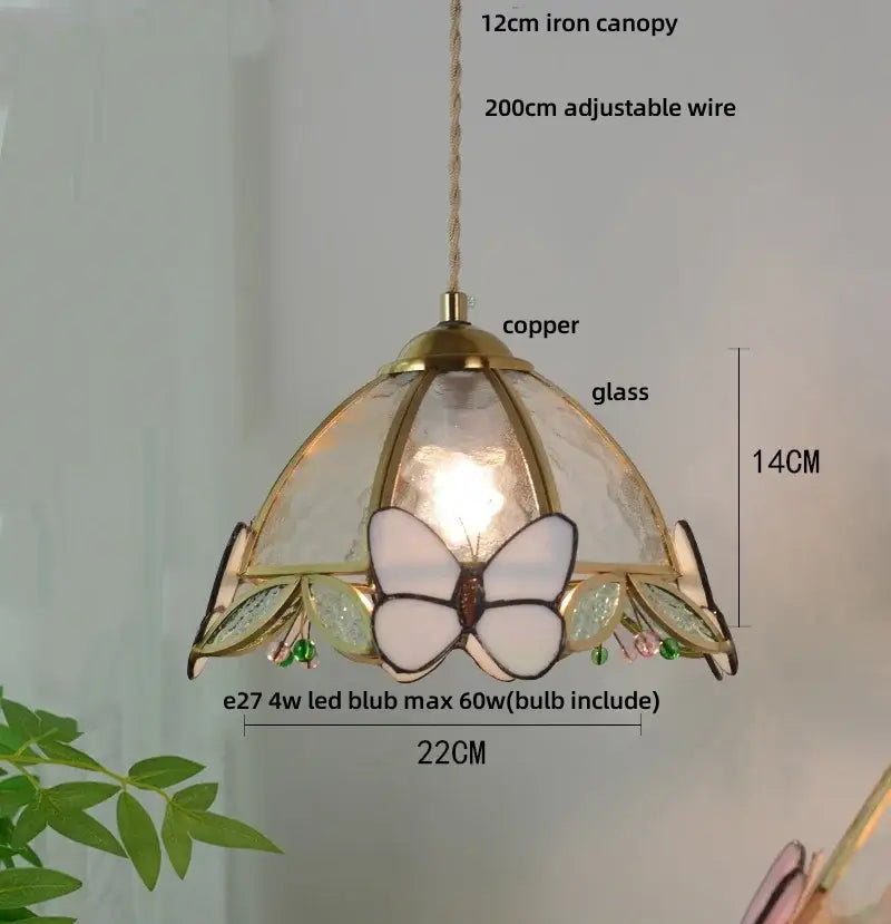 Delicate green stained glass butterfly pendant light with clear glass led leaves and brass accents for bedroom decorbites
